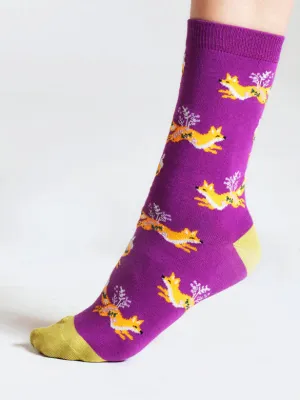 Bess Running Fox Bamboo Socks in Magenta Pink by Thought, Size 4-7