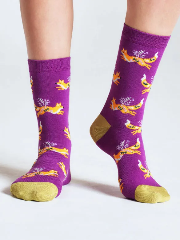 Bess Running Fox Bamboo Socks in Magenta Pink by Thought, Size 4-7