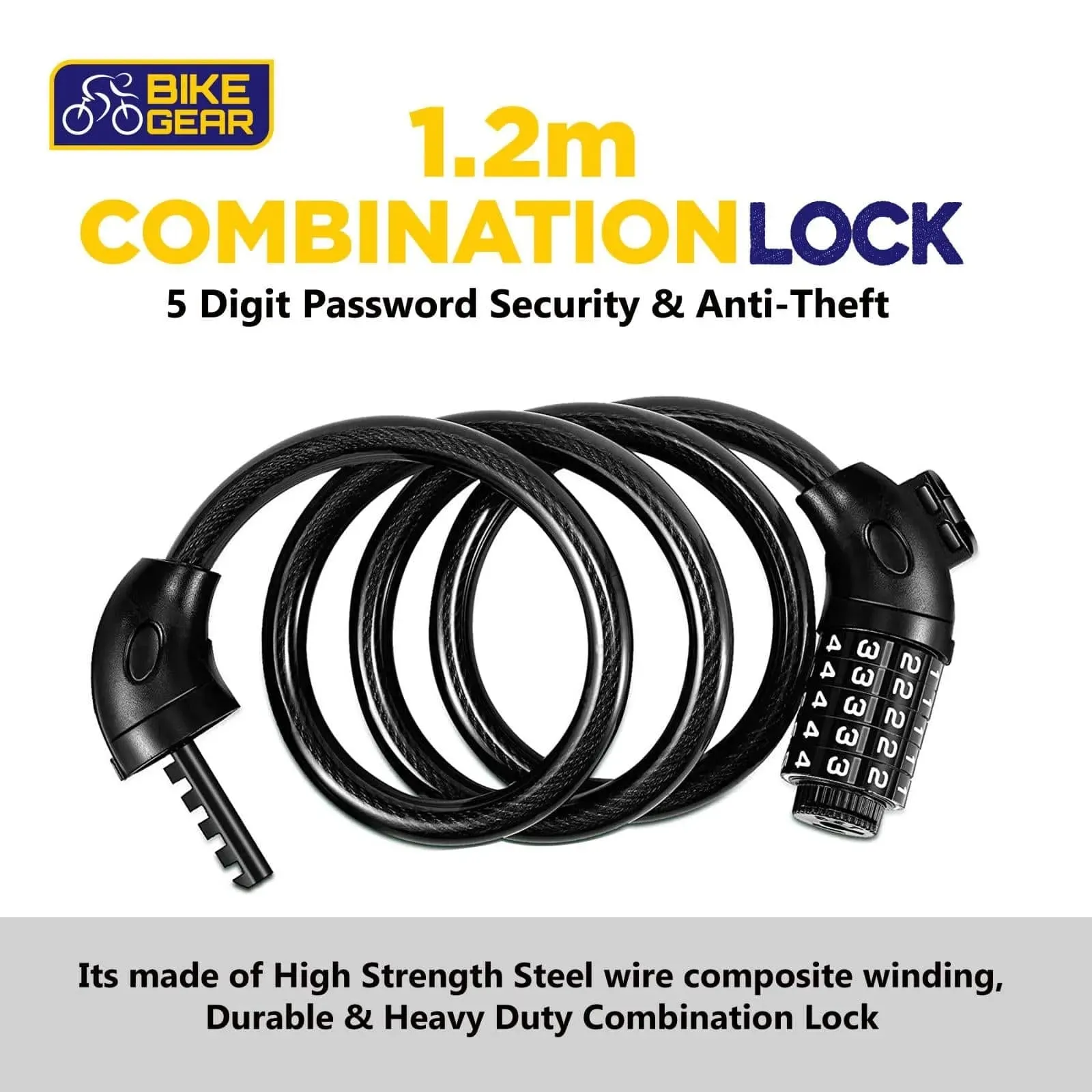 Bike Lock Cable 1.2m Spiral Security TT - 5 Digit Combination