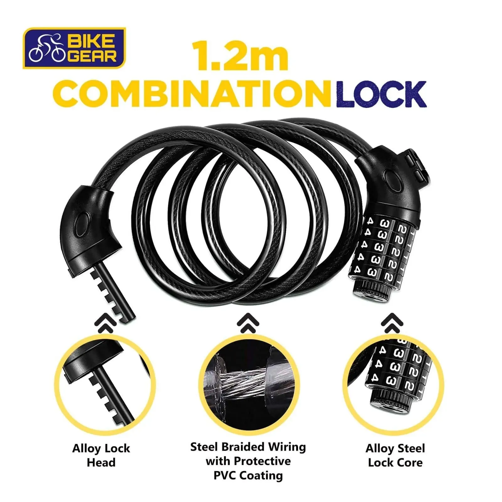 Bike Lock Cable 1.2m Spiral Security TT - 5 Digit Combination