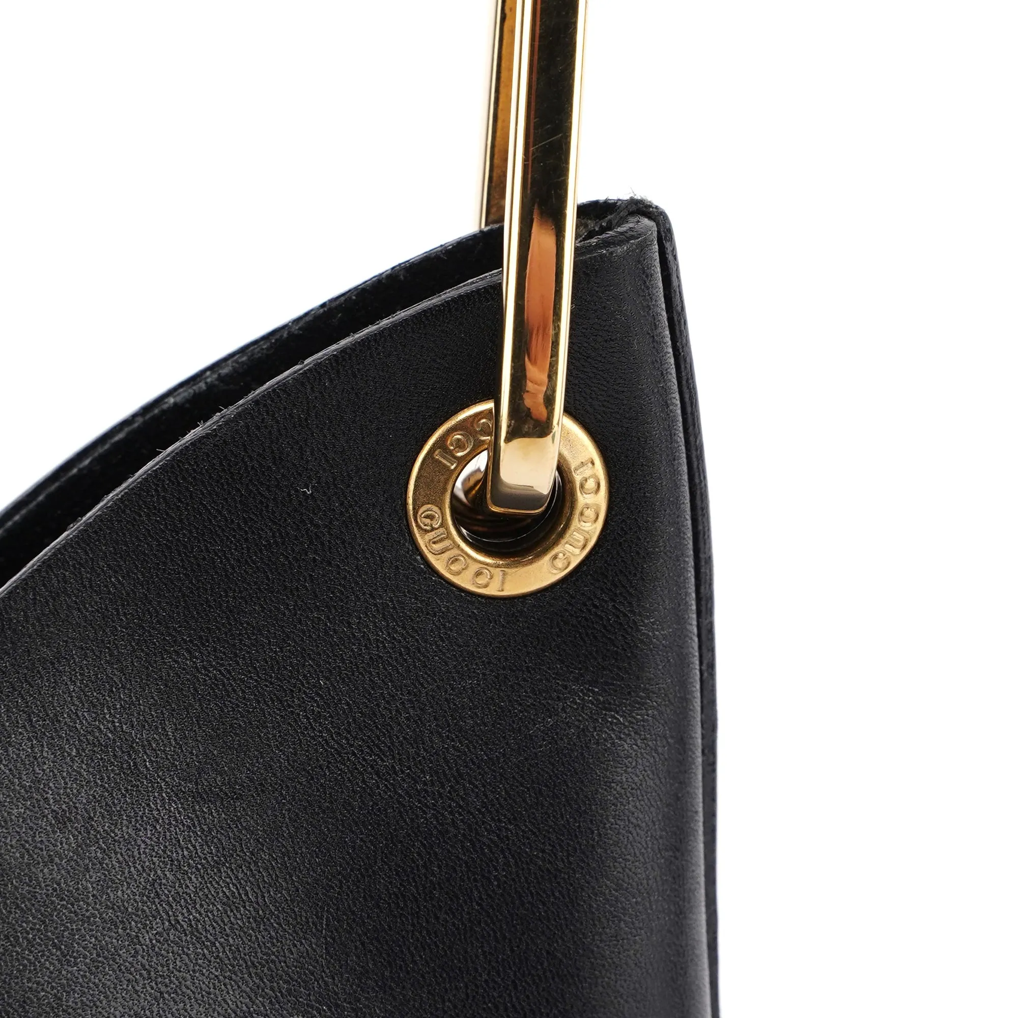 Black Leather Bamboo Shoulder Bag W/ Pouch