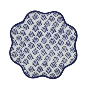 Block Printed Blue Leaf Scalloped Round Placemats