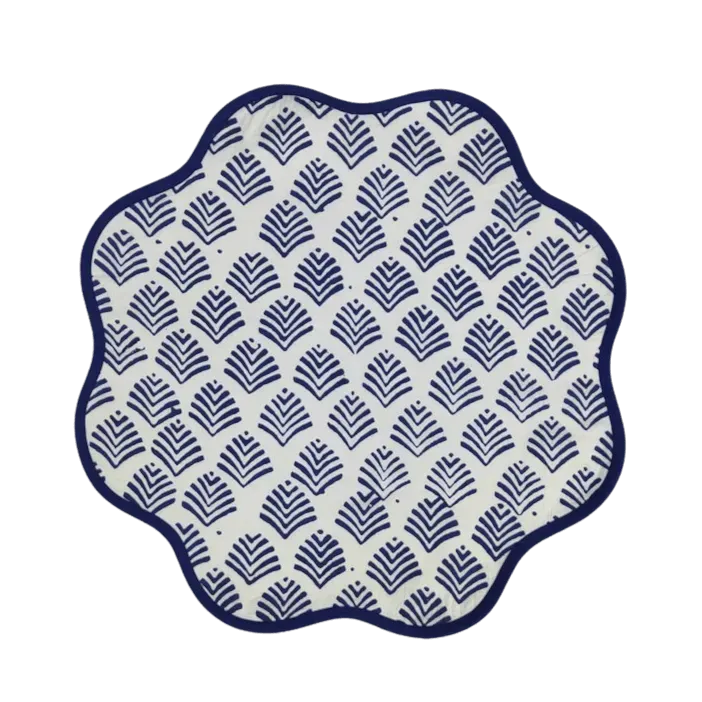 Block Printed Blue Leaf Scalloped Round Placemats