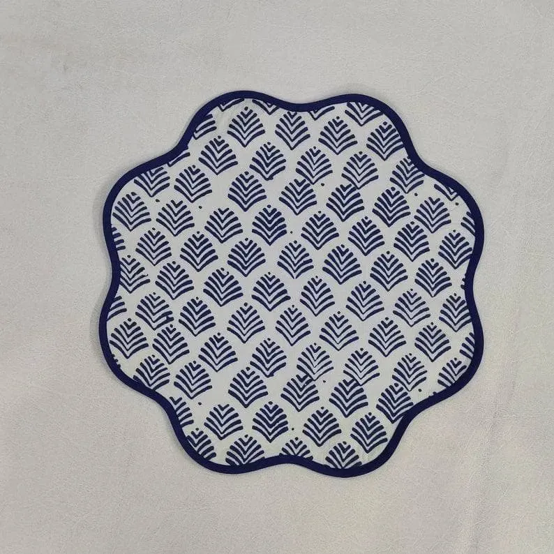 Block Printed Blue Leaf Scalloped Round Placemats