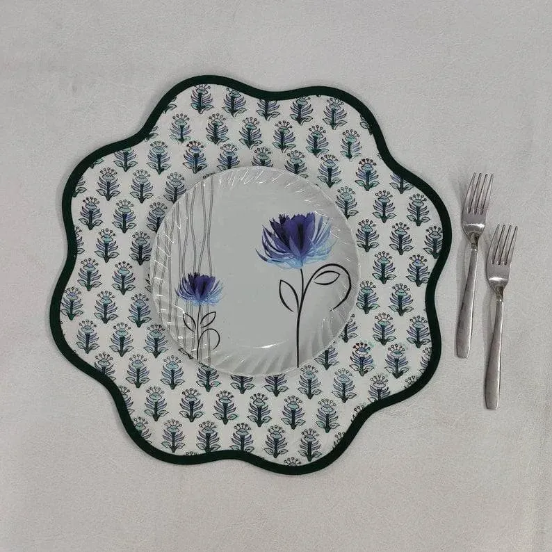 Block Printed Green Tree Round Scalloped Placemats