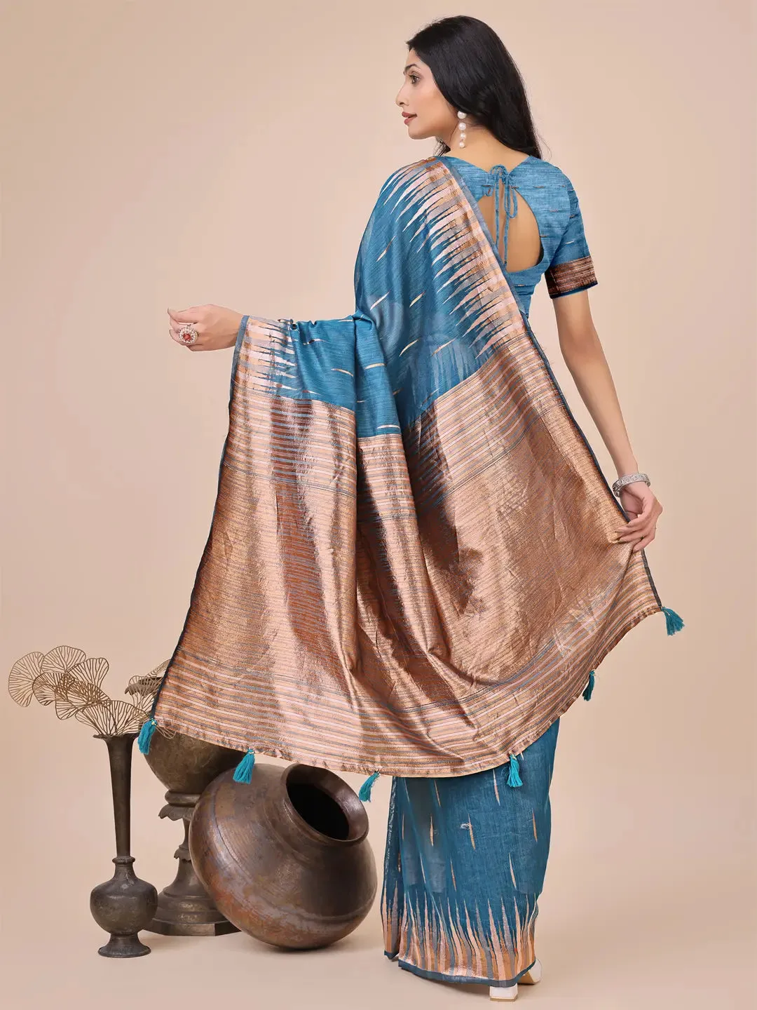 Blue Linen Cotton Saree