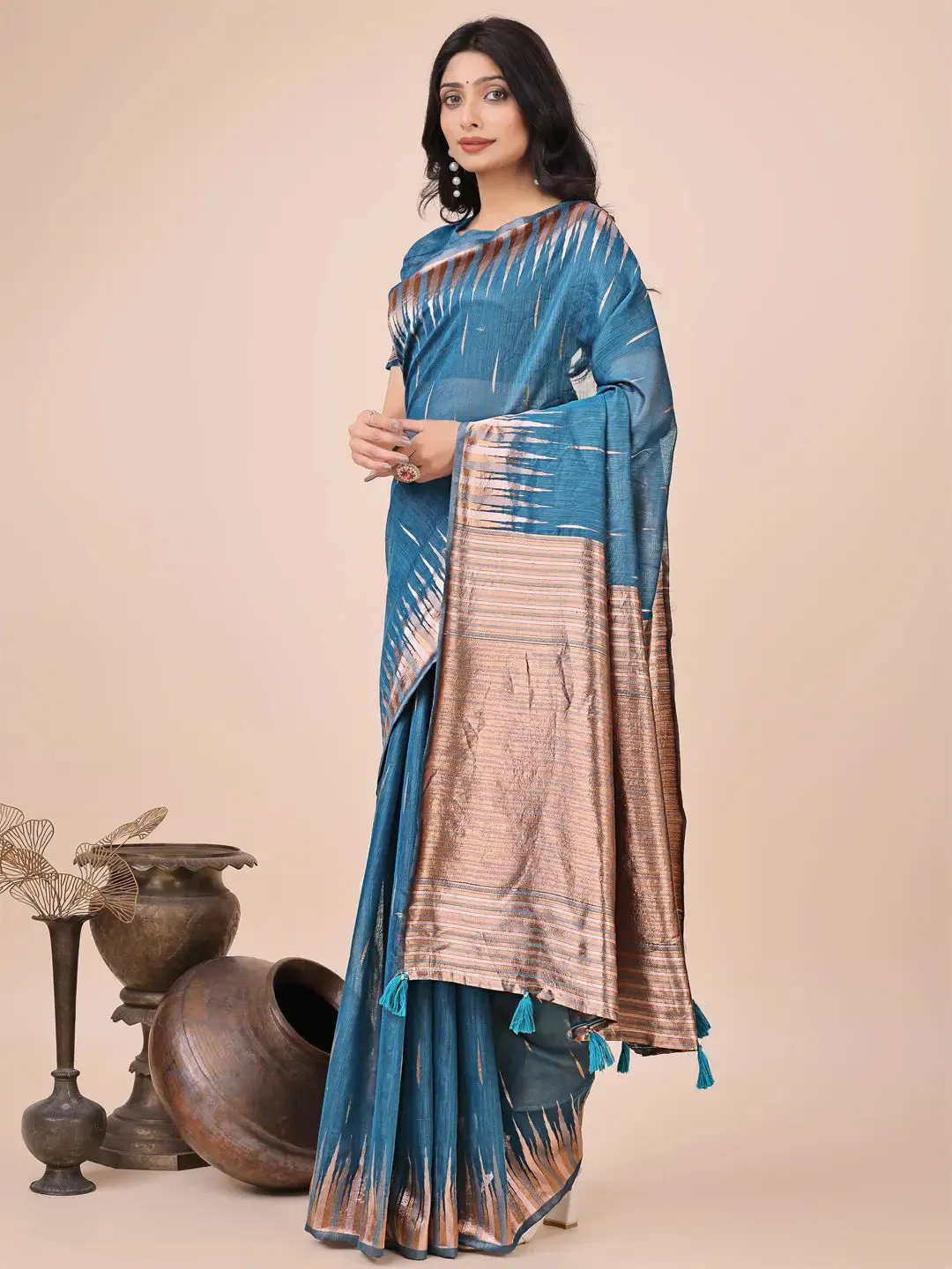 Blue Linen Cotton Saree