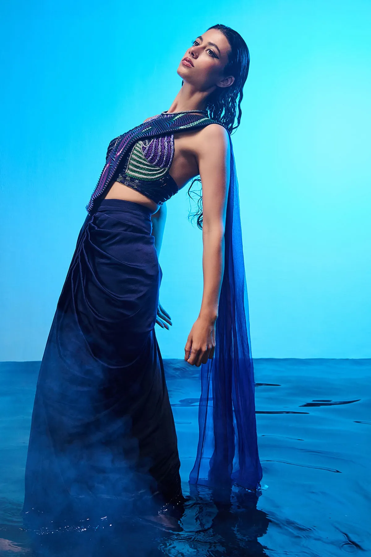 Blue Pre-Draped Saree & Blouse