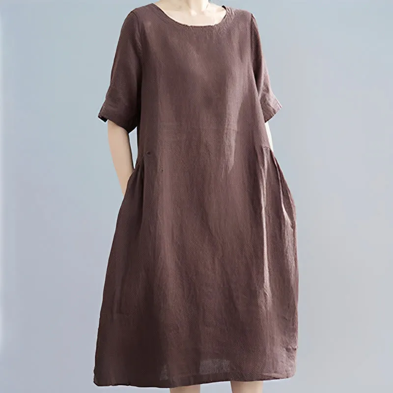 Buddha Stones Casual Loose Solid Color Cotton Linen Crew Neck Half Sleeve Design Midi Dress With Pockets