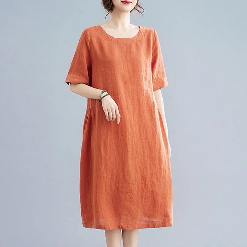 Buddha Stones Casual Loose Solid Color Cotton Linen Crew Neck Half Sleeve Design Midi Dress With Pockets