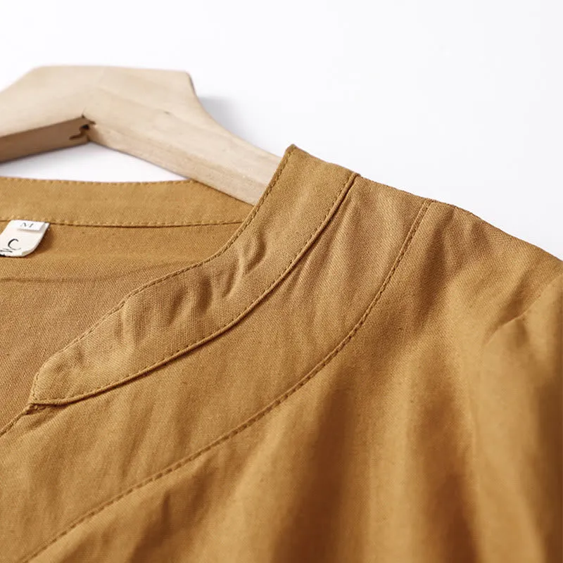 Buddha Stones Casual Plain V-neck Loose Half Sleeve Design Cotton Linen Midi Dress With Pockets