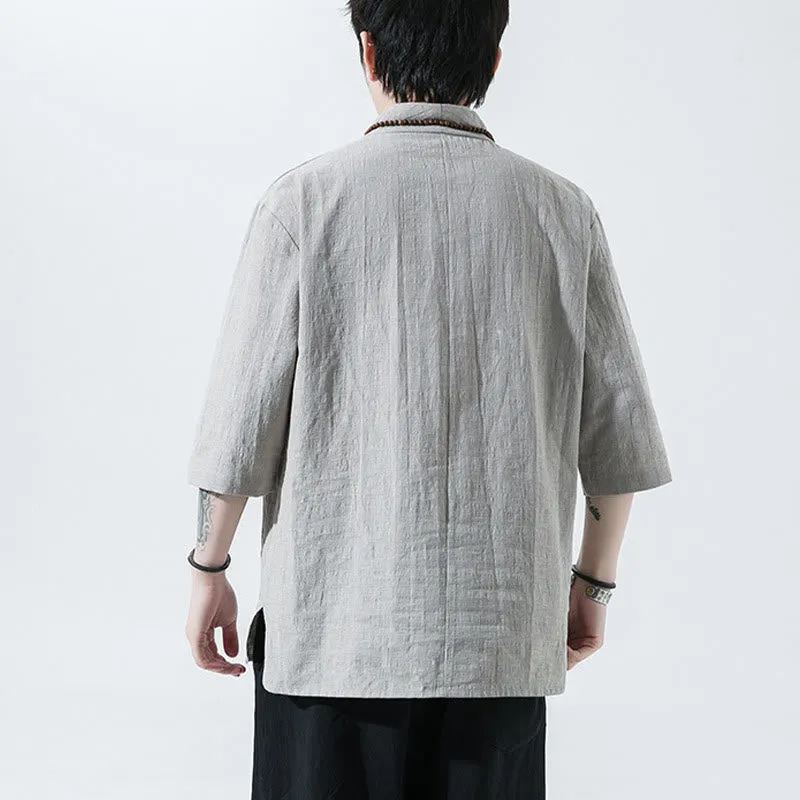 Buddha Stones Casual Solid Color Two Buttons V-neck Three Quarter Sleeve Cotton Linen Men's Shirt