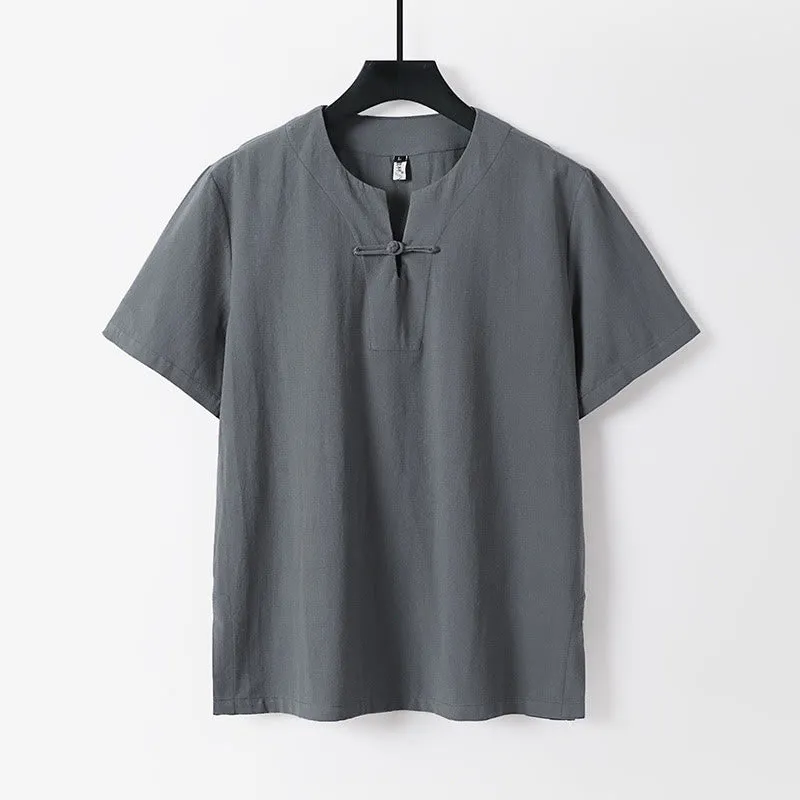 Buddha Stones Solid Color Short Sleeve One Frog Button Cotton Linen Men's Shirt