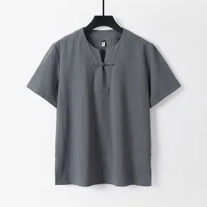 Buddha Stones Solid Color Short Sleeve One Frog Button Cotton Linen Men's Shirt