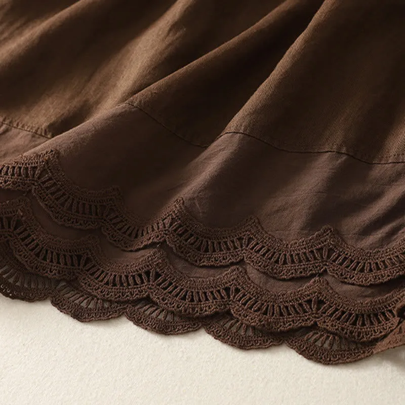 Buddha Stones Spring Casual Solid Color Lace Splicing Hem Women's Cotton Linen Skirt With Pockets