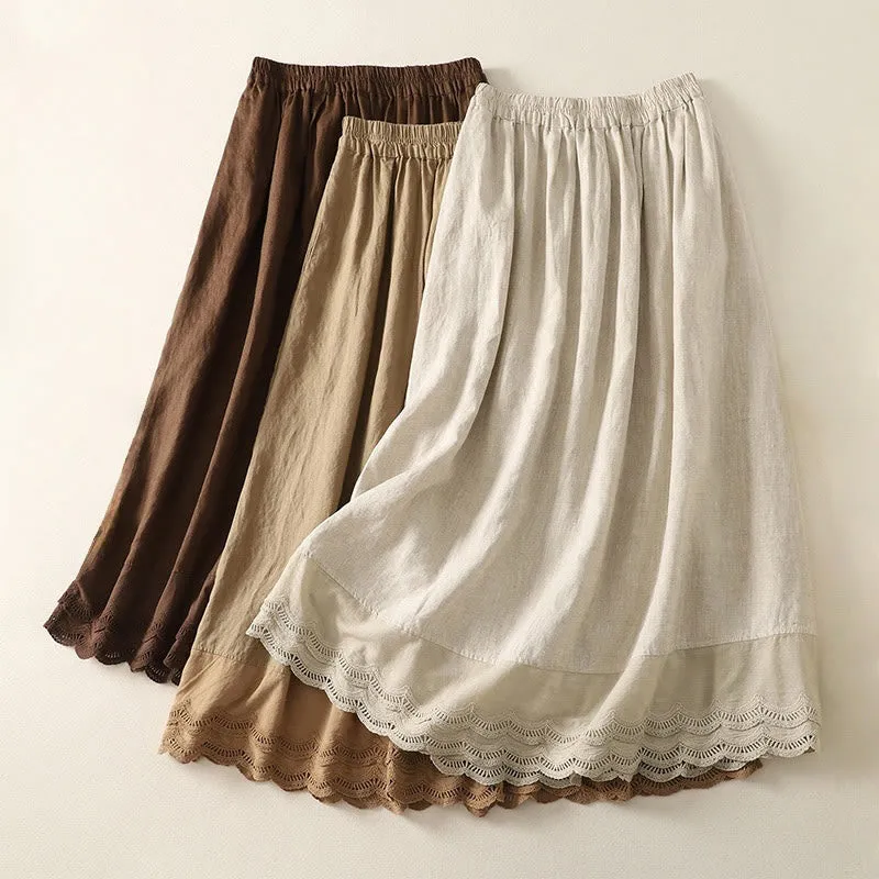 Buddha Stones Spring Casual Solid Color Lace Splicing Hem Women's Cotton Linen Skirt With Pockets