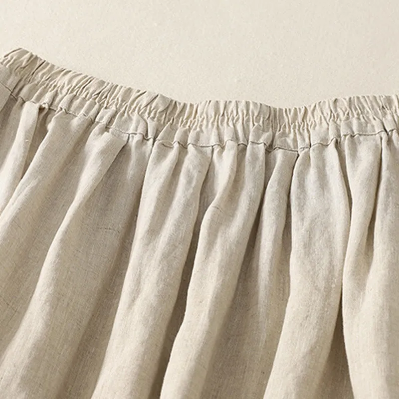 Buddha Stones Spring Casual Solid Color Lace Splicing Hem Women's Cotton Linen Skirt With Pockets