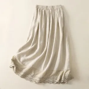 Buddha Stones Spring Casual Solid Color Lace Splicing Hem Women's Cotton Linen Skirt With Pockets