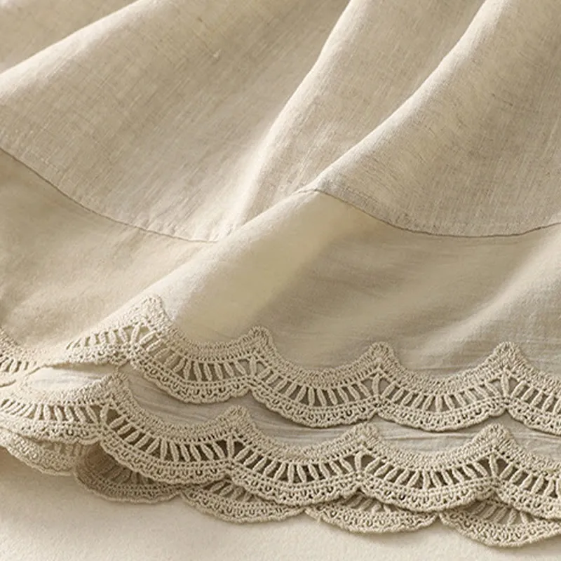 Buddha Stones Spring Casual Solid Color Lace Splicing Hem Women's Cotton Linen Skirt With Pockets