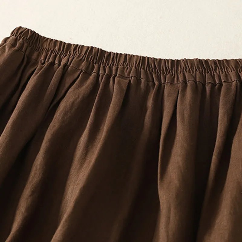 Buddha Stones Spring Casual Solid Color Lace Splicing Hem Women's Cotton Linen Skirt With Pockets