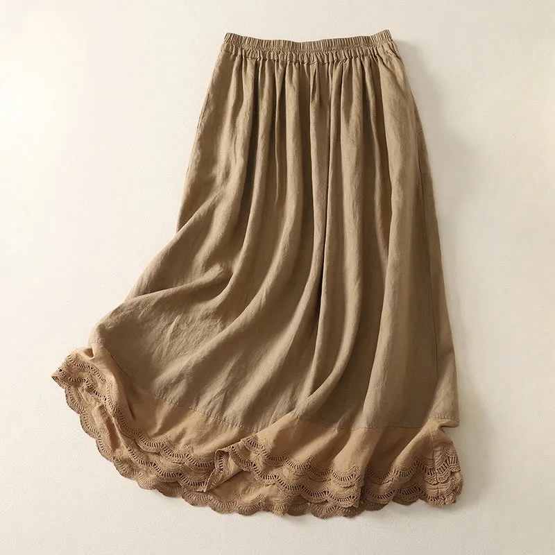 Buddha Stones Spring Casual Solid Color Lace Splicing Hem Women's Cotton Linen Skirt With Pockets