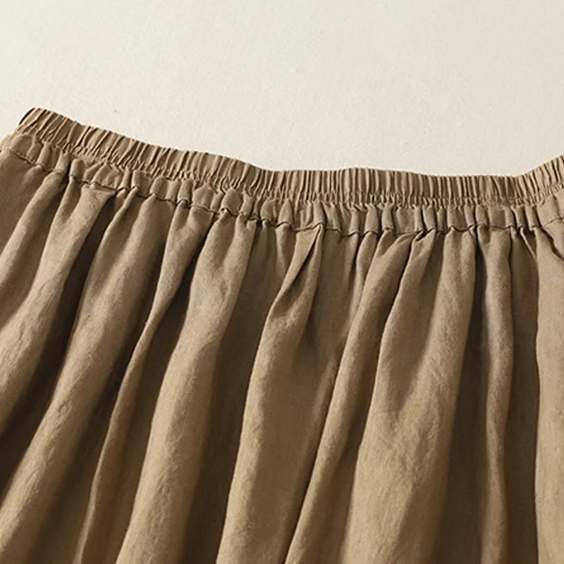 Buddha Stones Spring Casual Solid Color Lace Splicing Hem Women's Cotton Linen Skirt With Pockets