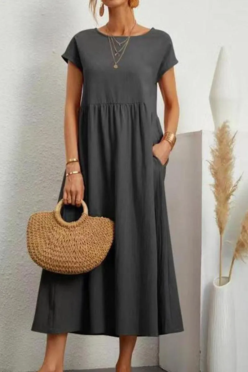 Casual Daily Solid Pocket O Neck Short Sleeve Dress(11 Colors)