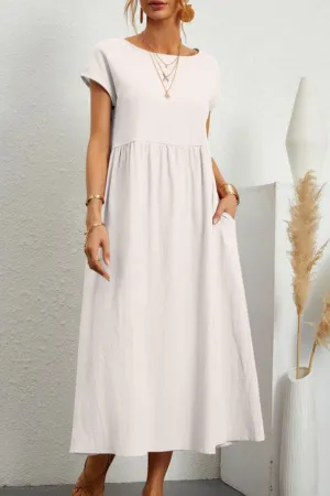 Casual Daily Solid Pocket O Neck Short Sleeve Dress(11 Colors)