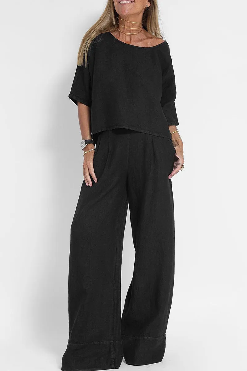 Casual Simplicity Solid Pocket O Neck Three Quarter Two Pieces