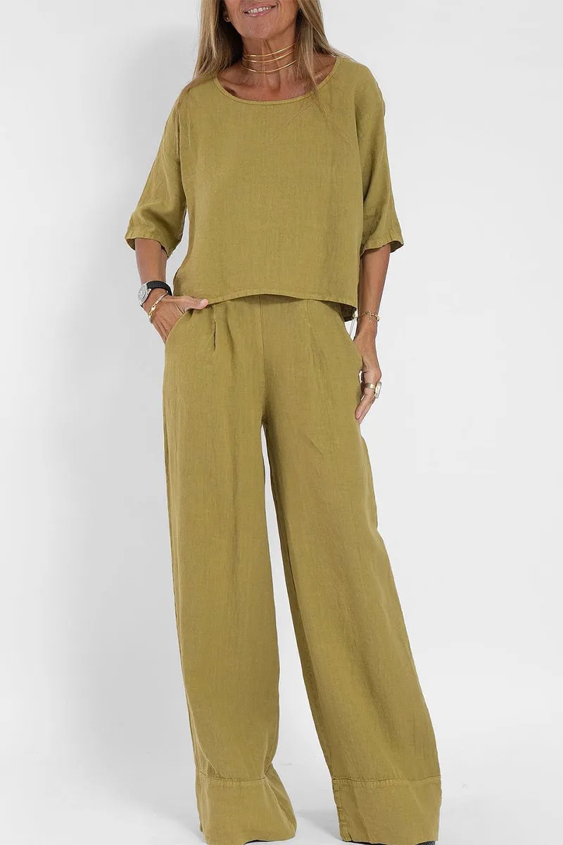Casual Simplicity Solid Pocket O Neck Three Quarter Two Pieces