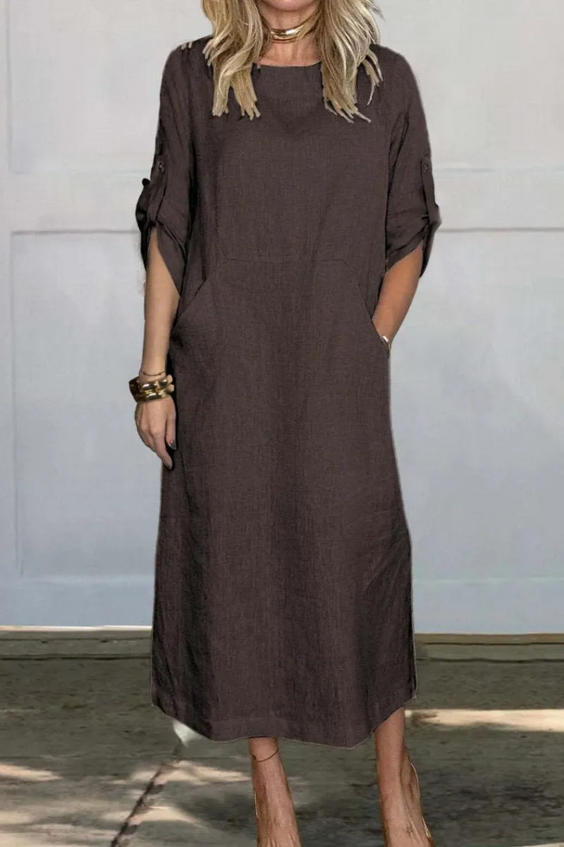 Casual Solid Color Pocket O Neck Long Dresses(7 Colors)