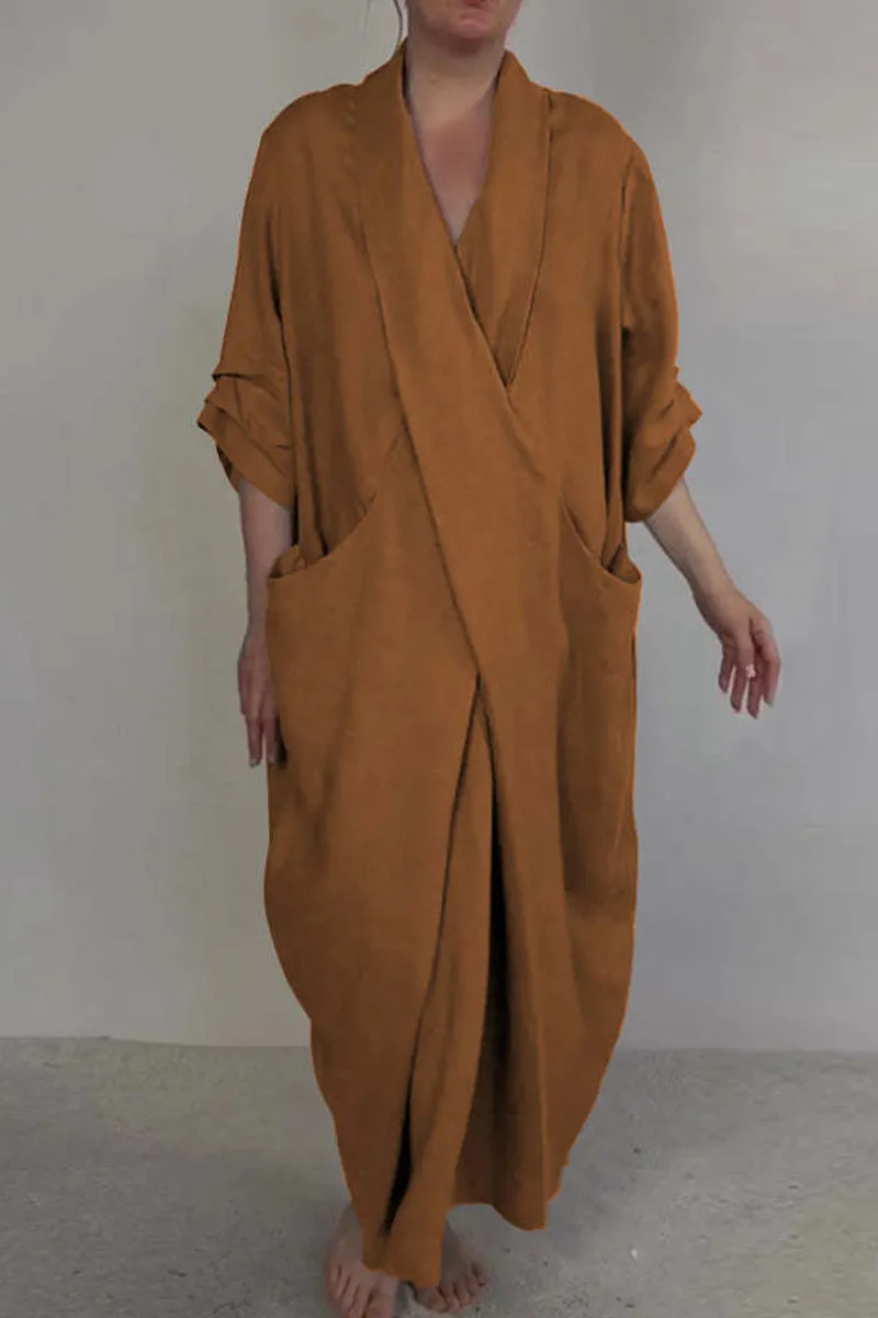 Casual Solid Color Pocket Slit V Neck Long Dresses(7 Colors)