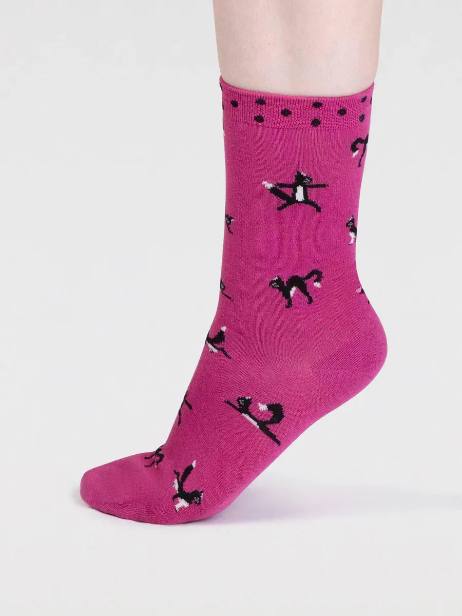 Chai Yoga Cat Bamboo Socks in Raspberry Pink by Thought, Size 4-7