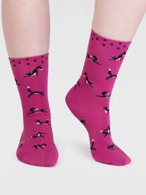Chai Yoga Cat Bamboo Socks in Raspberry Pink by Thought, Size 4-7