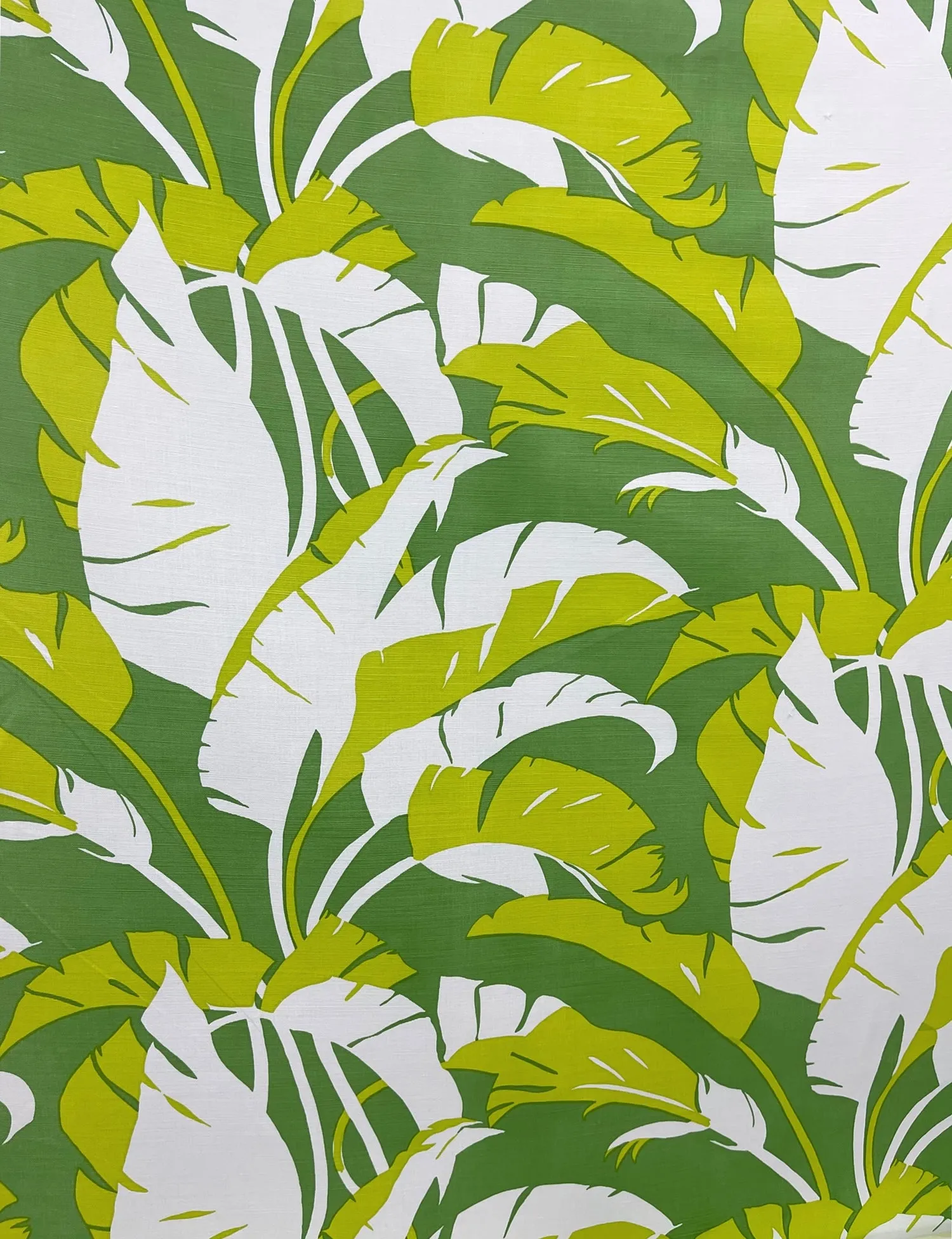 China Seas Fabric: Amazon - Custom Leaf / Lime / Blue on White Belgian Linen / Cotton