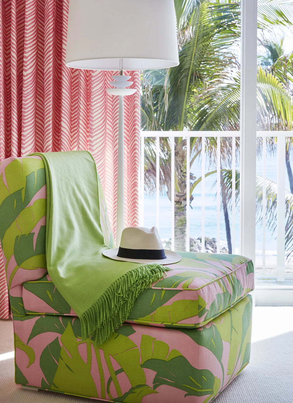 China Seas Fabric: Amazon - Custom Leaf / Lime / Blue on White Belgian Linen / Cotton