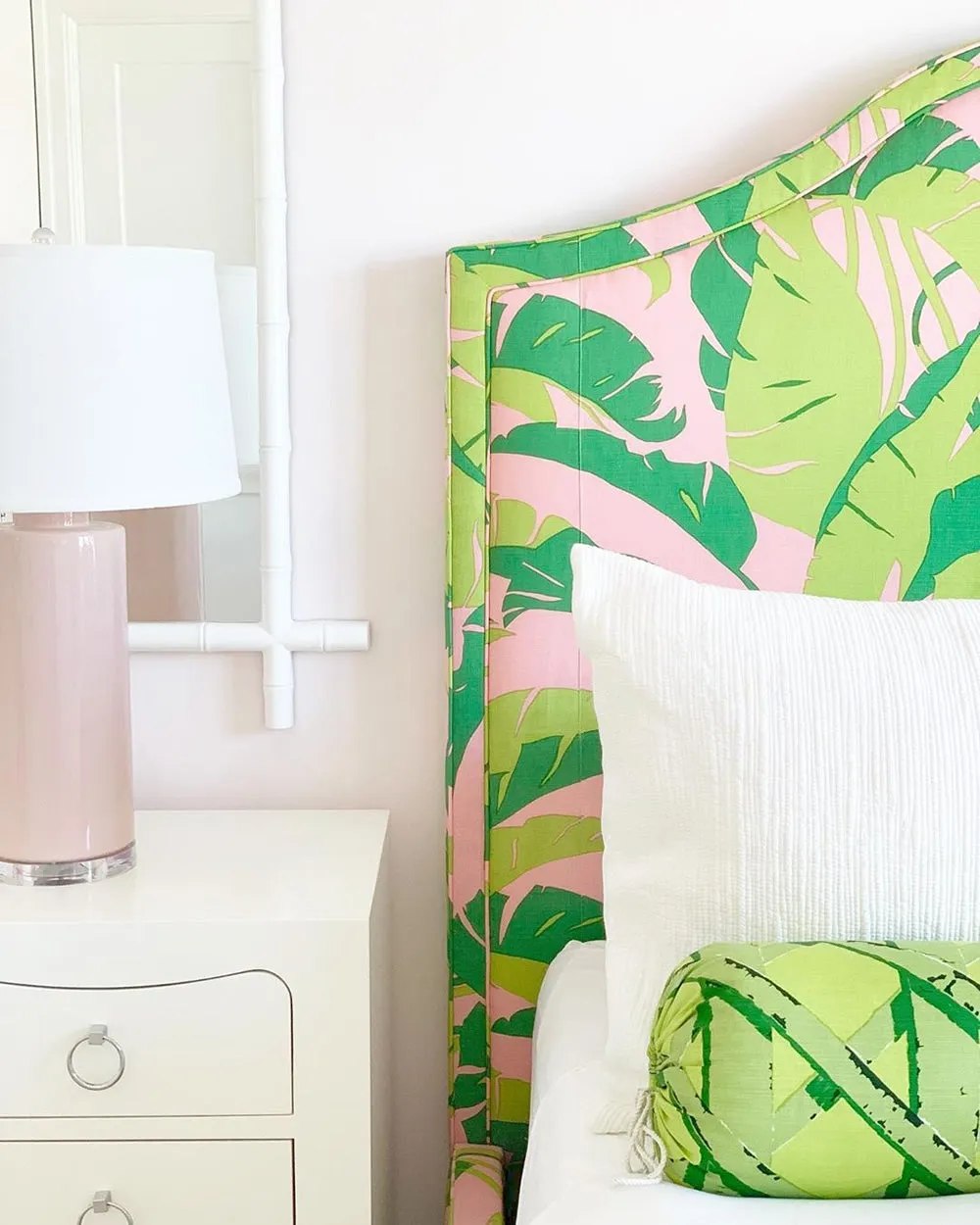 China Seas Fabric: Amazon - Custom Leaf / Lime / Blue on White Belgian Linen / Cotton
