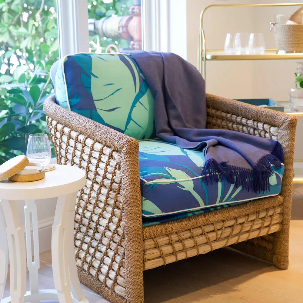 China Seas Fabric: Amazon - Custom Leaf / Lime / Blue on White Belgian Linen / Cotton