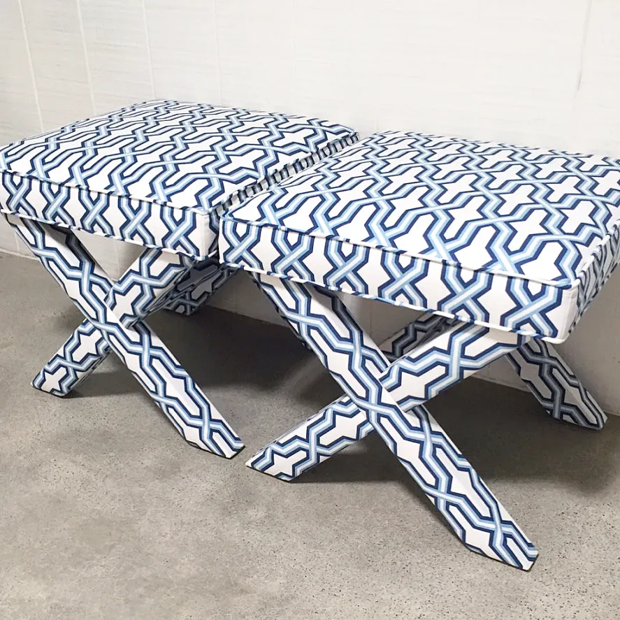 China Seas Fabric: Gorrivan Fretwork - Custom Slate Blue / Navy on White Belgian Linen / Cotton