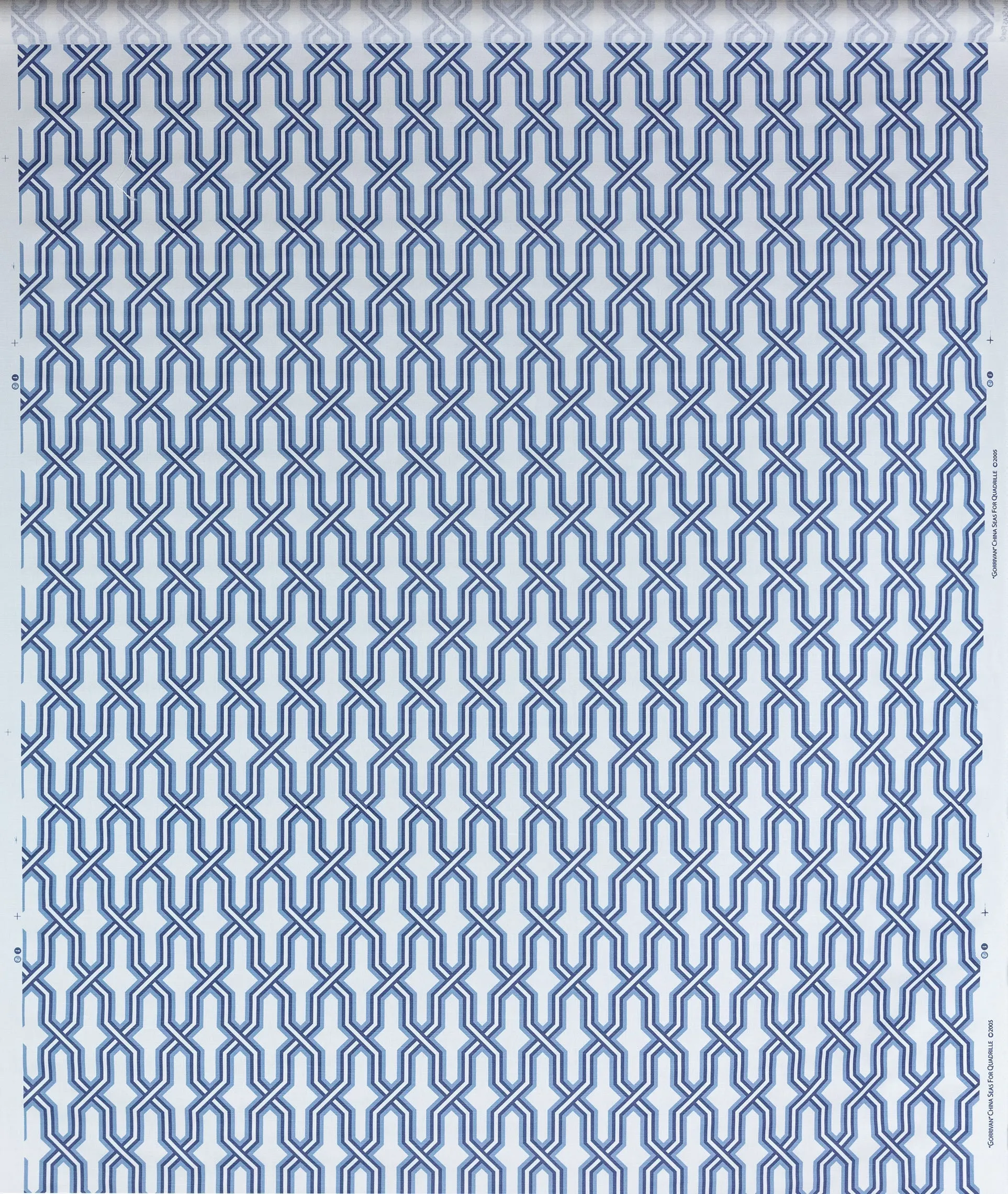 China Seas Fabric: Gorrivan Fretwork - Custom Slate Blue / Navy on White Belgian Linen / Cotton