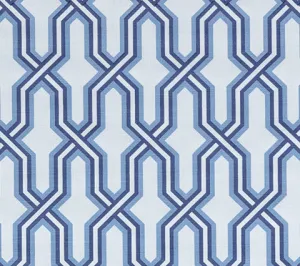 China Seas Fabric: Gorrivan Fretwork - Custom Slate Blue / Navy on White Belgian Linen / Cotton