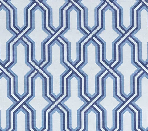 China Seas Fabric: Gorrivan Fretwork - Custom Slate Blue / Navy on White Belgian Linen / Cotton