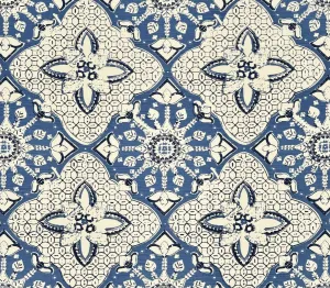 China Seas Fabric: New Batik - Custom Pacific Blue / New Navy on White Belgian Linen / Cotton