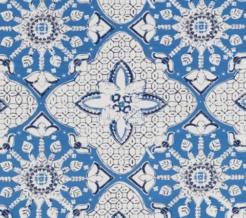China Seas Fabric: New Batik - Custom Pacific Blue / New Navy on White Belgian Linen / Cotton