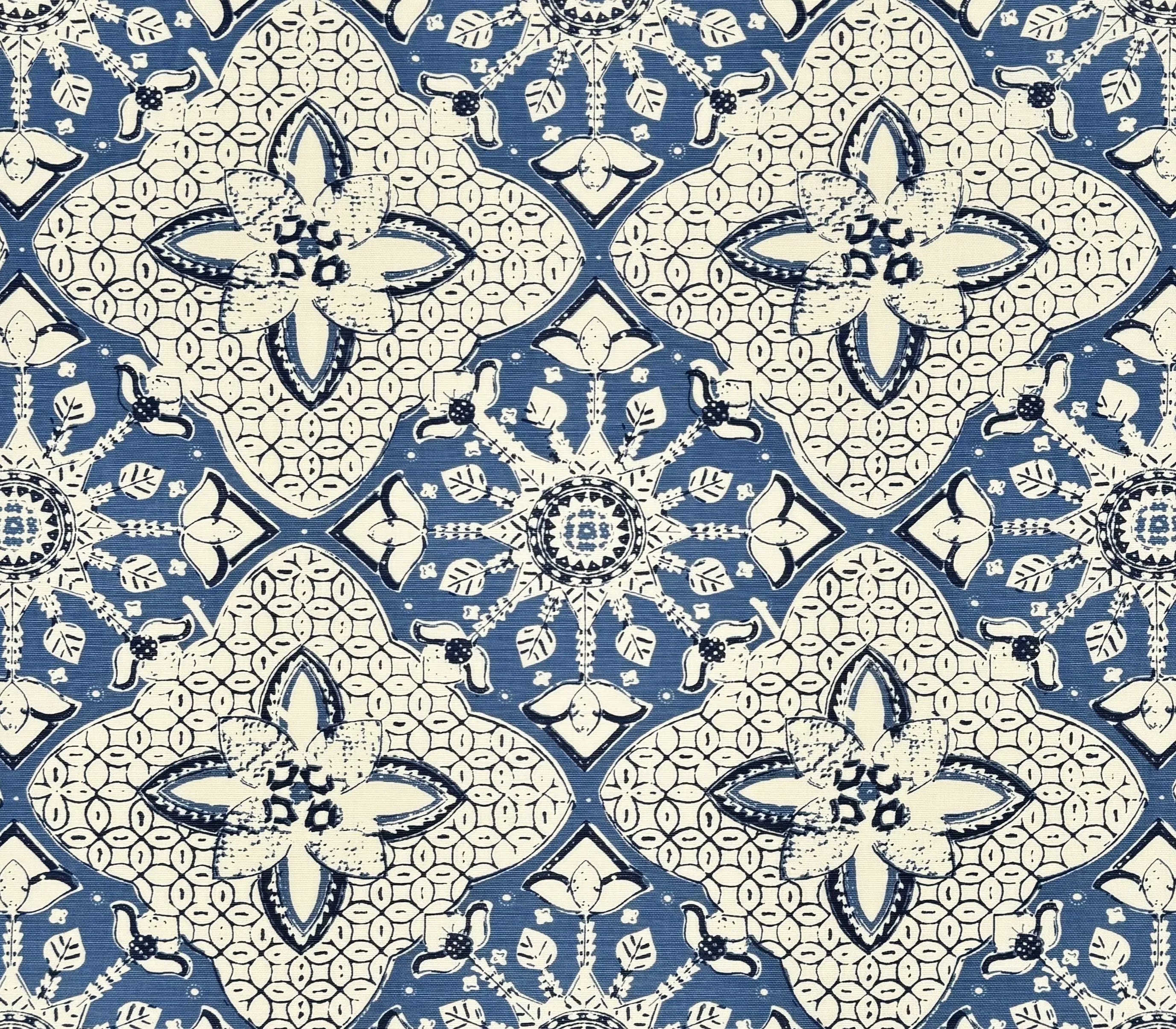 China Seas Fabric: New Batik - Custom Pacific Blue / New Navy on White Belgian Linen / Cotton