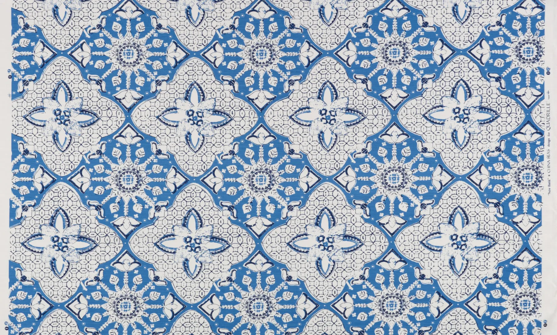 China Seas Fabric: New Batik - Custom Pacific Blue / New Navy on White Belgian Linen / Cotton