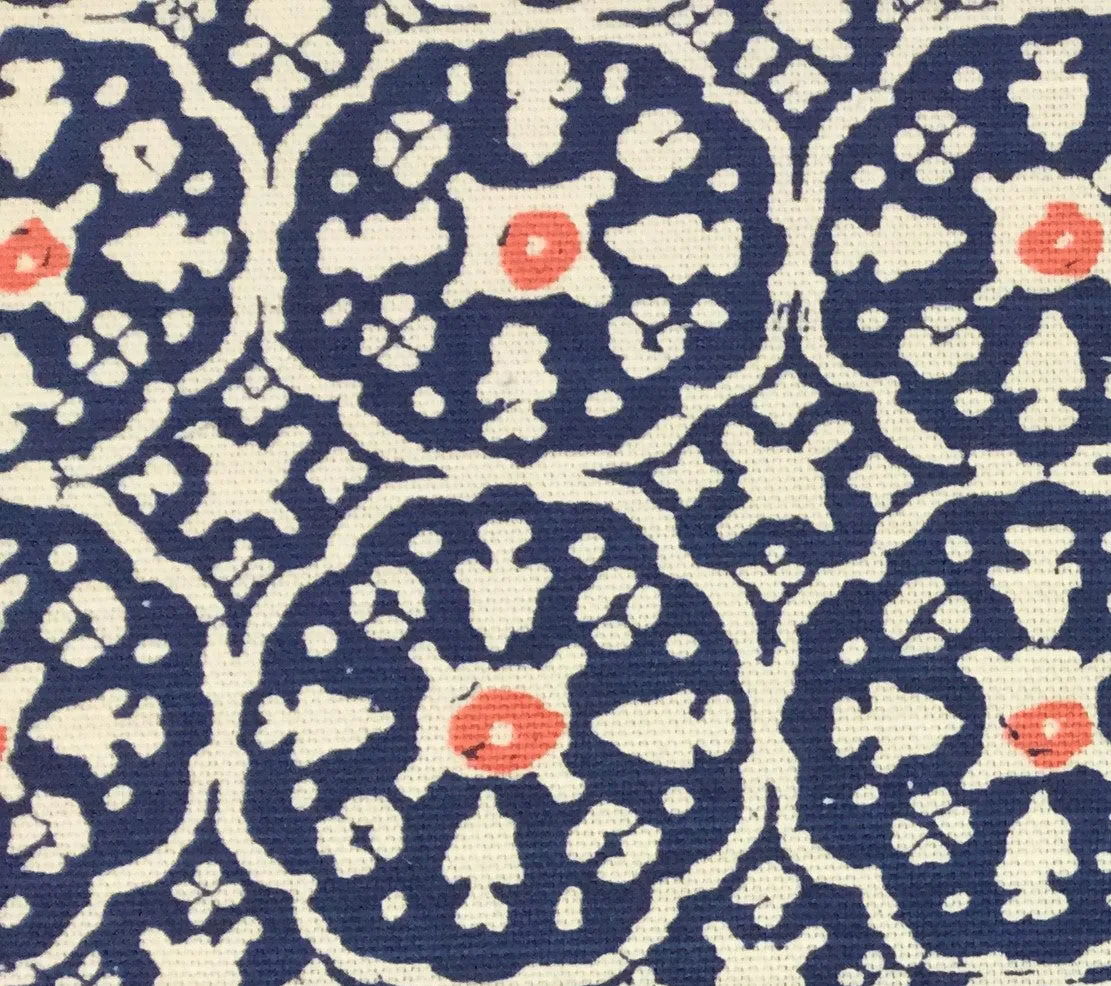 China Seas Fabric: Nitik II - Custom New Navy / Orange on Tinted Belgian Linen/Cotton