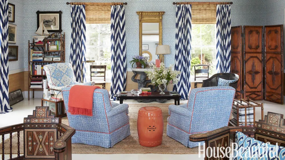 China Seas Fabric: Nitik II - Custom New Navy / Orange on Tinted Belgian Linen/Cotton