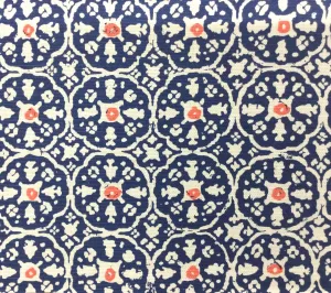 China Seas Fabric: Nitik II - Custom New Navy / Orange on Tinted Belgian Linen/Cotton
