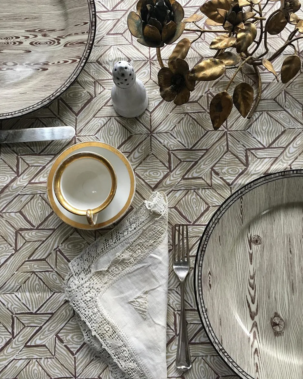 China Seas Fabric: Parquetry - Custom Brown / Taupe on White Belgian Linen / Cotton